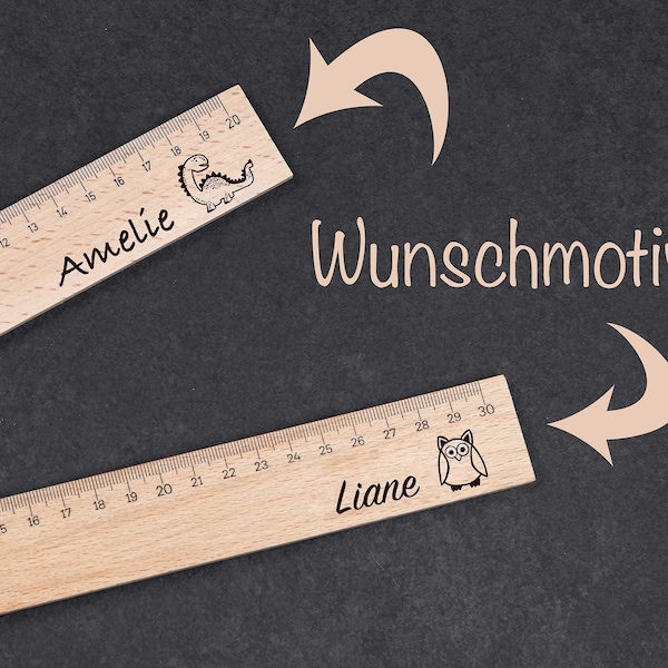 Premium Holzlineal mit personalisierter Gravur und Wunschmotiven - Perfekt zum Schulanfang