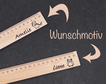 Premium wooden ruler with personalized engraving and motifs of your choice - perfect for starting school