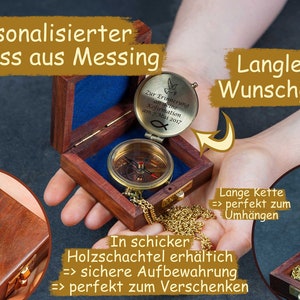 Personalized compass made of brass with a vintage look with your desired engraving and a stylish wooden box Kein Motiv/NUR Text