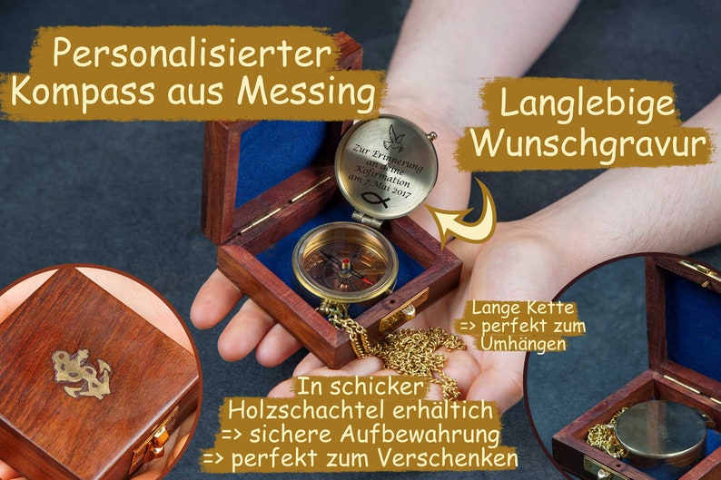 Personalized compass made of brass with a vintage look with your desired engraving and a stylish wooden box Kein Motiv/NUR Text