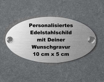 Personalized small oval stainless steel sign 10.5 x 5.5 cm - with your desired engraving