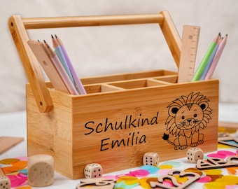 Stiftehalter, Stiftebox, Stiftehalter personalisiert, Stiftebecher Holz, Schulanfang Einschulung Geschenk, Stiftehalter Bambus Motive