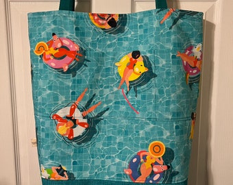 Handmade Oversized Beach Pool Tote Bag - Sunbathers & Umbrellas