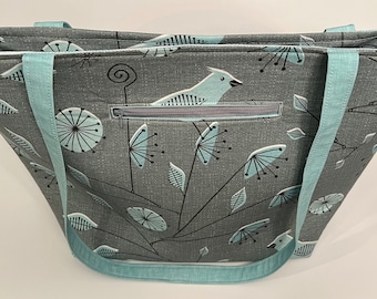 Handmade Winter Mint Bird Optical Illusion Tote Bag; Exterior Zip Pocket; Interior Slip Pocket