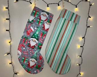 Handmade Holiday Gnomes & Candy Cane Stripes 2-Sided Stocking Set (2)