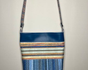 Handmade Striped Denim & Faux Leather Shoulder Bag