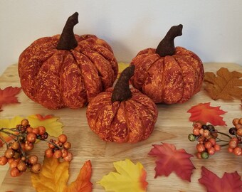 Fabric Pumpkins, Set of 3/Orange,w/Gold Wheat stalks/Fall Decorations/Handmade