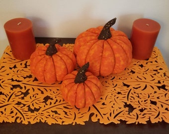 Fabric Pumpkins, Set of 3/Orange Blotched Print/Fall Decoration/Handmade