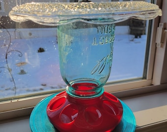 Hanging Bird Feeder, Antique Blue Glass Mason Jar and Red Feeder