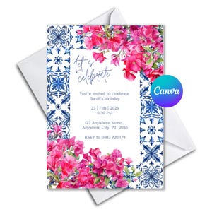 Invito a tema greco modificabile / Inviti per feste greche / Blu e bianco / Floreale / Personalizzabile / Modello Canva