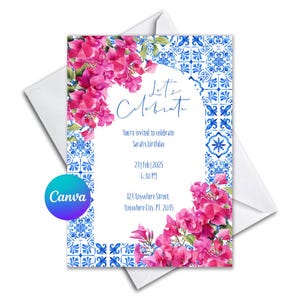 Mamma Mia Party Invitation | Mediteranean Theme | Editable Grecian Arch Design | Blue and White | Canva Template | Customisable & Printable