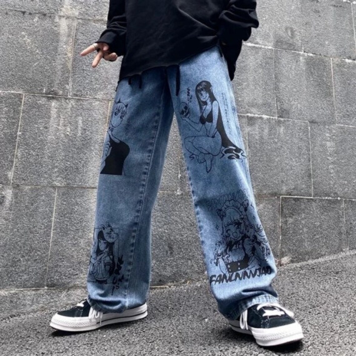 Asap Rocky Denim Anime Graffiti Pants Streetwear Mens | Etsy