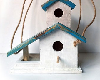 Two Story Wooden Birdhouse & Feeder