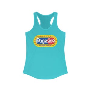 May include: A turquoise tank top with a yellow, red, and blue logo that says "Pageside Rage Side" in a retro font.