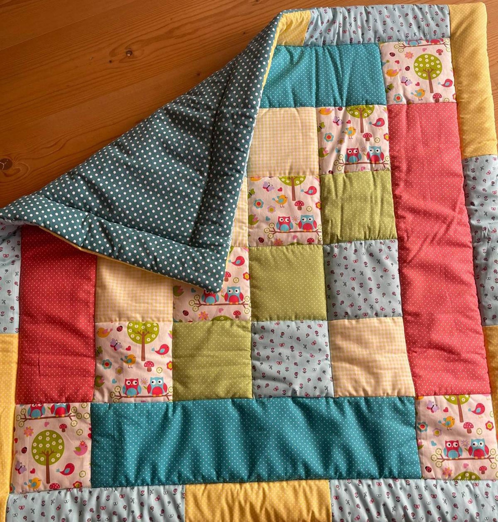 Krabbeldecke Patchworkdecke Babydecke 100 Baumwolle Eule