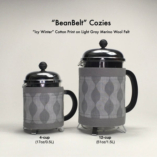 French Press "BeanBelt" Coffee Cozy - "Icy Winter" Grey, Bodum Cozy, Cafetiere Cosy, Press Cozy