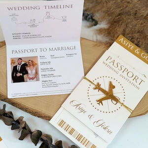 Faire-part de mariage passeport, faire-part de mariage à destination, feuille d'or, faire-part carte d'embarquement bleu marine, réservez vos dates,