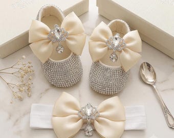 Conjunto de zapatos y diadema de bebé con diamantes de imitación personalizados / zapatos de bautismo para bebé, zapatos de bebé con joyas