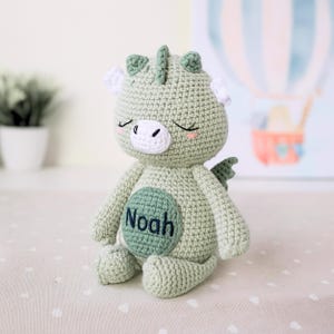 Personalized dragon animal plush gift, Eco-friendly 1st birthday keepsake,  Embroidered crochet animal toy, Year of the dragon zodiac softie