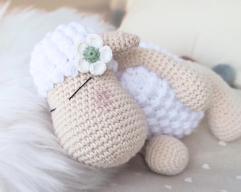 Custom sheep stuffed toy with accessories, Neutral cottagecore nursery gift, Artisan baby lamb plush