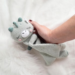 Cotton dragon baby lovey security blanket, Neutral snuggler for toddler sleep, Mint crochet dragon stuffed toy, Unique newborn comfort gift