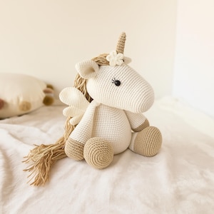 Cotton plush unicorn gift, Christmas baby girl keepsake toy, Handmade crochet rainbow unicorn, Soft stuffed animal for nursery girl room