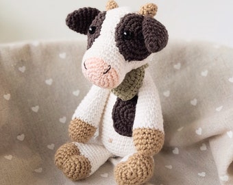 Cuddly crochet cow plushie for baby gift, Organic spotted farm cow plush toy , Handmade white and black stuffed animal for grandchild