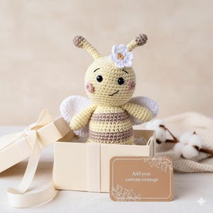 Personalized bee plush with message card, Organic artisan keepsake gift, Handmade cotton stuffed animal