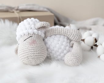 Organic cotton lamb stuffed animal, Natural sheep nursery decor, Artisan farm animal baby gift