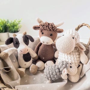 Crochet farm animals for nursery decor,  Organic cotton stuffed animal for baby gift,  Handmade cow plush, Cute sheep toy for child&#39;s room
