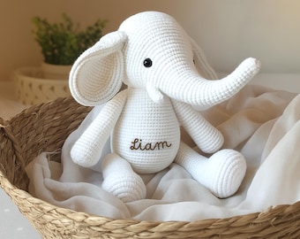 Gepersonaliseerde pluche olifant van biologisch katoen, handgemaakt kraamcadeau