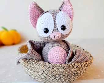Little bat stuffed animal for woodland nursery, Sweet crochet bat plushie, Cuddly bat plush toy for baby,  Organic cotton baby soft toy