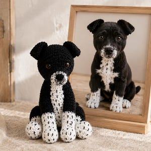 Può includere: Una statuetta di cane all'uncinetto in bianco e nero seduta, con petto bianco e zampe bianche con macchie nere. Accanto si trova uno specchio con cornice in legno che riflette un cucciolo realistico in bianco e nero in una posa simile.