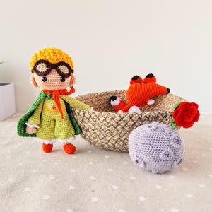 Handmade crocheted little prince plush, Organic cotton stuffed doll, Artisan baby keepsake gift, Storybook-inspired book lover present