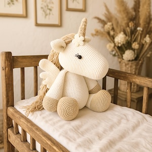 White plush unicorn nursery room decor, Neutral pegasus soft toy, Eco-friendly baby shower keepsake gift, Custom name baby stuffed unicorn