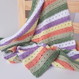 Cotton baby blanket handmade crochet,  Striped knitted baby blanket babyshower gift, Organic stroller blanket, Soft sage green baby blanket
