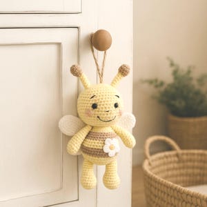 Handmade cotton bee stuffed toy for cottagecore nursery, Eco-friendly spring baby gift idea, Rustic crochet honey bee plush for newborns