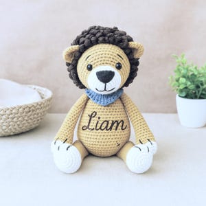 Personalized lion organic plush, First birthday baby boy keepsake gift, Soft lion toy with embroidered name, Safari nursery crochet animal