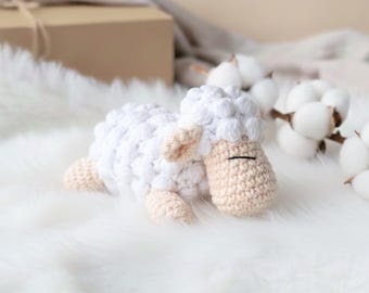 Mini organic lamb plush, Natural cotton sheep toy, Rustic farm nursery eco baby gift