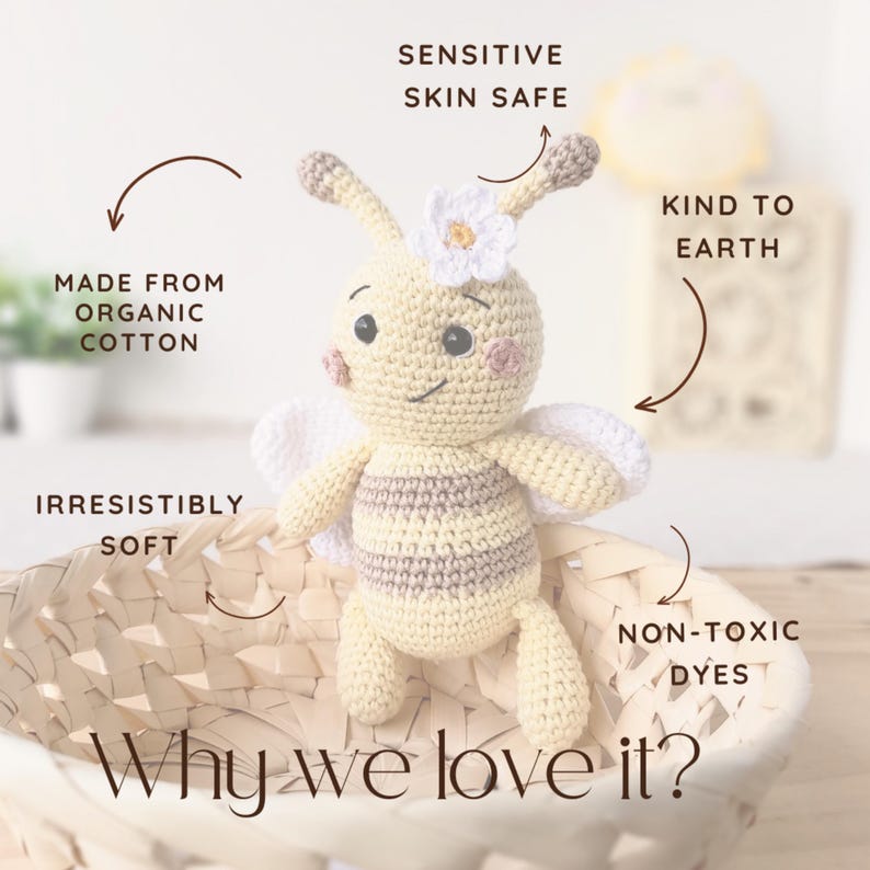 “Why we love it” graphic showing features of an organic cotton bee plush, artisan-crafted and baby-safe.