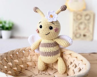 Organic bee plush toy, Eco cotton handmade stuffed animal, Neutral rustic nursery keepsake gift