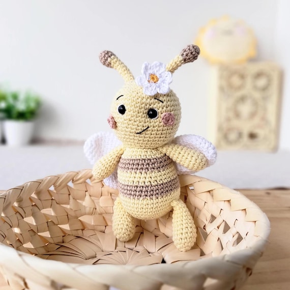Organic bee plush toy, Eco cotton handmade stuffed animal, Neutral rustic nursery keepsake gift