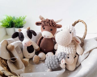 Crochet farm animals for nursery decor,  Organic cotton stuffed animal for baby gift,  Handmade cow plush, Cute sheep toy for child's room