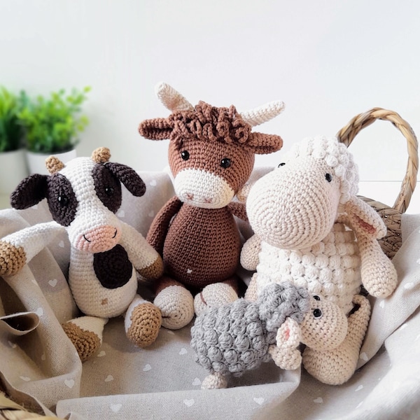 Animaux de la ferme au crochet pour décoration de chambre d'enfant, peluche en coton bio pour cadeau de bébé, peluche vache faite main, jouet mouton mignon pour chambre d'enfant