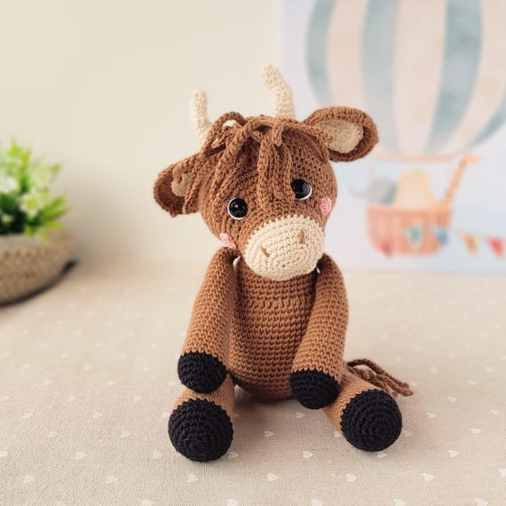 Handmade Bull Animal Plush, Eco Cotton Baby Highland Cow Toy, Soft