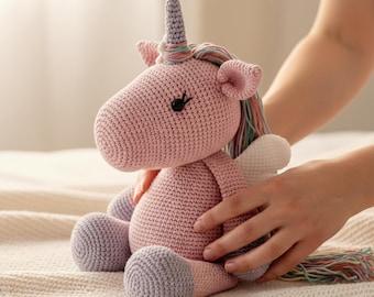 Large Pink Stuffed Unicorn, Artisan Magical Keepsake Gift for Little Girl, Organic Cotton Toy