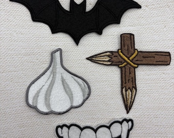 Dracula Embroidery Patch Set: Vampire Fangs, Bat, Garlic & Stakes