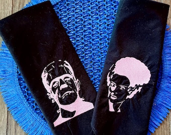 Embroidered Black Cotton Napkin Summerween Frankenstein