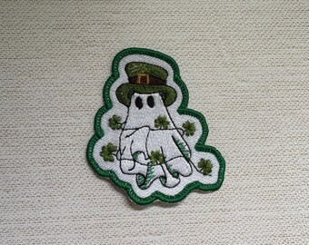 St. Patrick's Day Ghost Patch/Filled Felt Embroidery Patch/Clothing Accessory/Quirky Decoration/Sew On Patch/Halloween/Shamrock/Good Luck