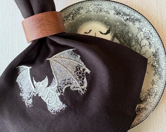 Embroidered Black Napkin Halloween Baroque Bat